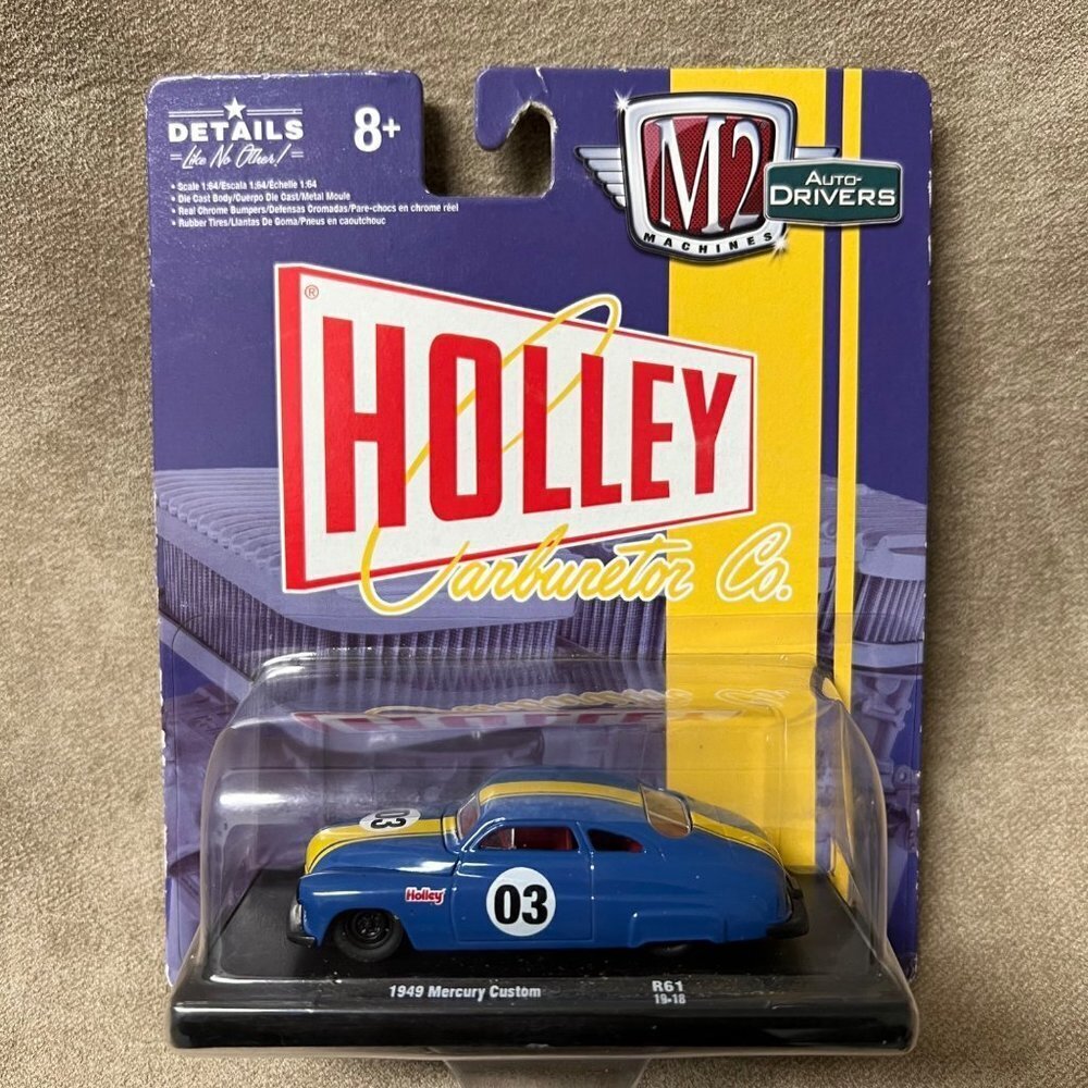 `M2 1:64 1949 Mercury Custom R61 / Blue w/yellow stripe / Holley